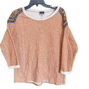 Daytrip Tan Sweatshirt w/ Multicolor Beaded Embellished Shoulders Size Medium
